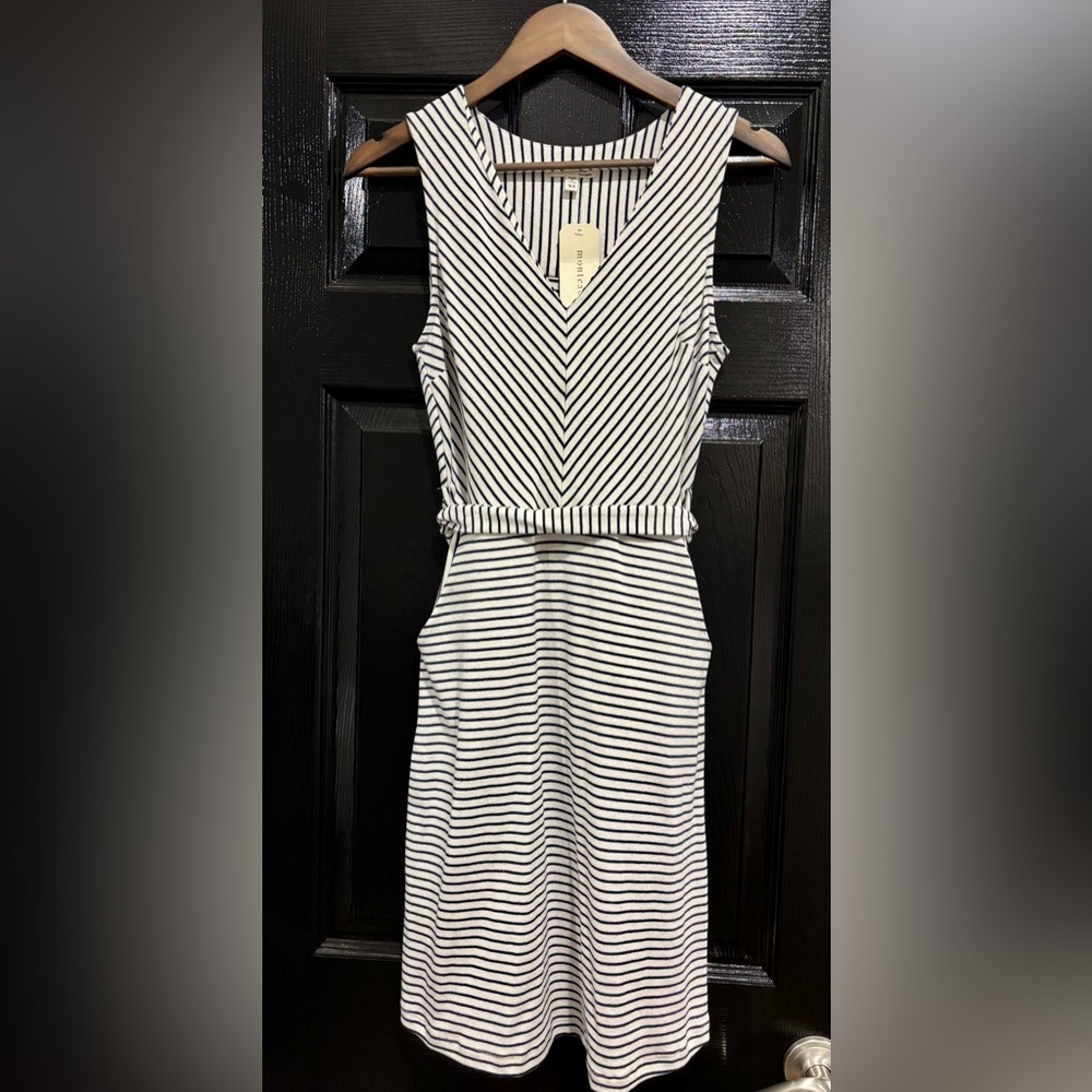 Monteau Black and White Striped Midi Dress With Pockets
